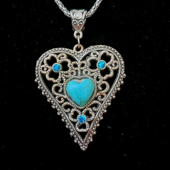 2 item-FAUX TURQUOISE & HEART GEMSTONE SILVERTONE NECKLACE & HEART EARRINGS - Picture 2 of 10